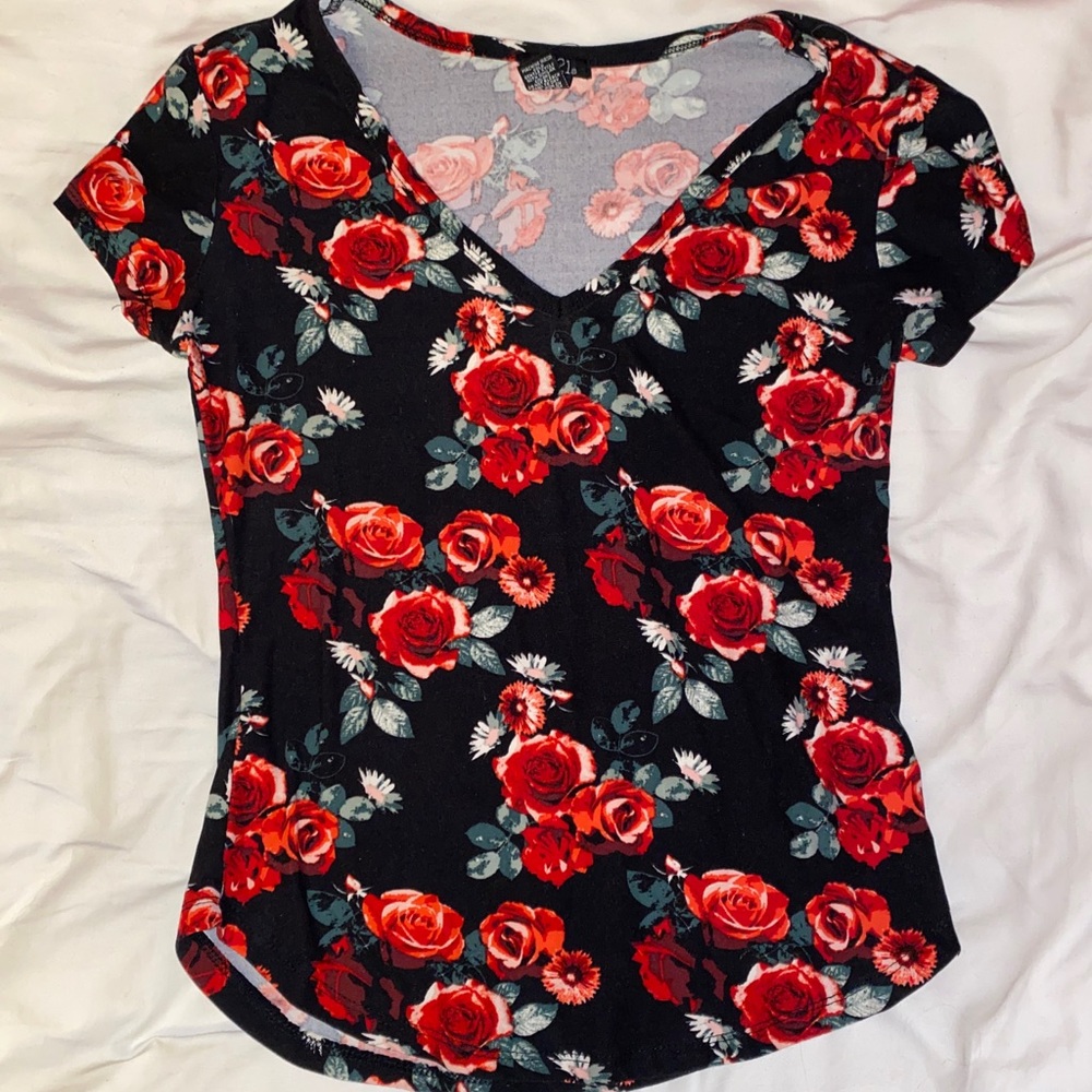 Black T-Shirt with Rose Designs